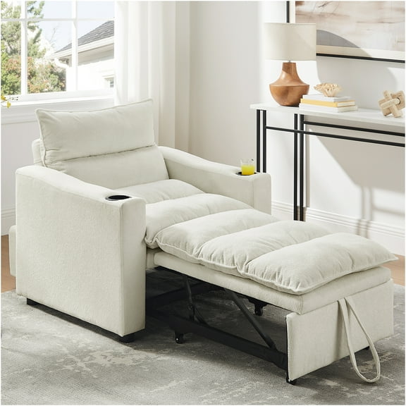JERFIT Modern Velvet Convertible Sleeper Chair Bed 3-in-1, Adjustable Recliner Sofa with Cup Holder for Small Space, Apartment, Living Room, Beige