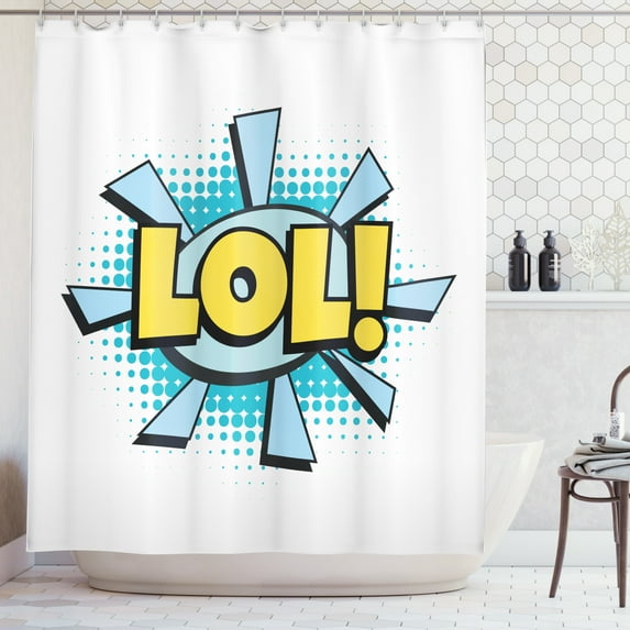 LOL Shower Curtain, LOL Comic Word with an Exclamation Point Retro Old School Cartoon, Fabric Bathroom Set with Hooks, 69W X 70L Inches, Baby Blue Sky Blue Yellow Black, by Ambesonne