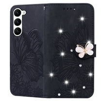 Decase Samsung Galaxy S23 6.1 inch Phone Case, Glitter Bling Diamond Butterfly Magnetic Shockproof Case Flip Embossing PU Leather Wallet Case for Samsung Galaxy S23 5G, Black