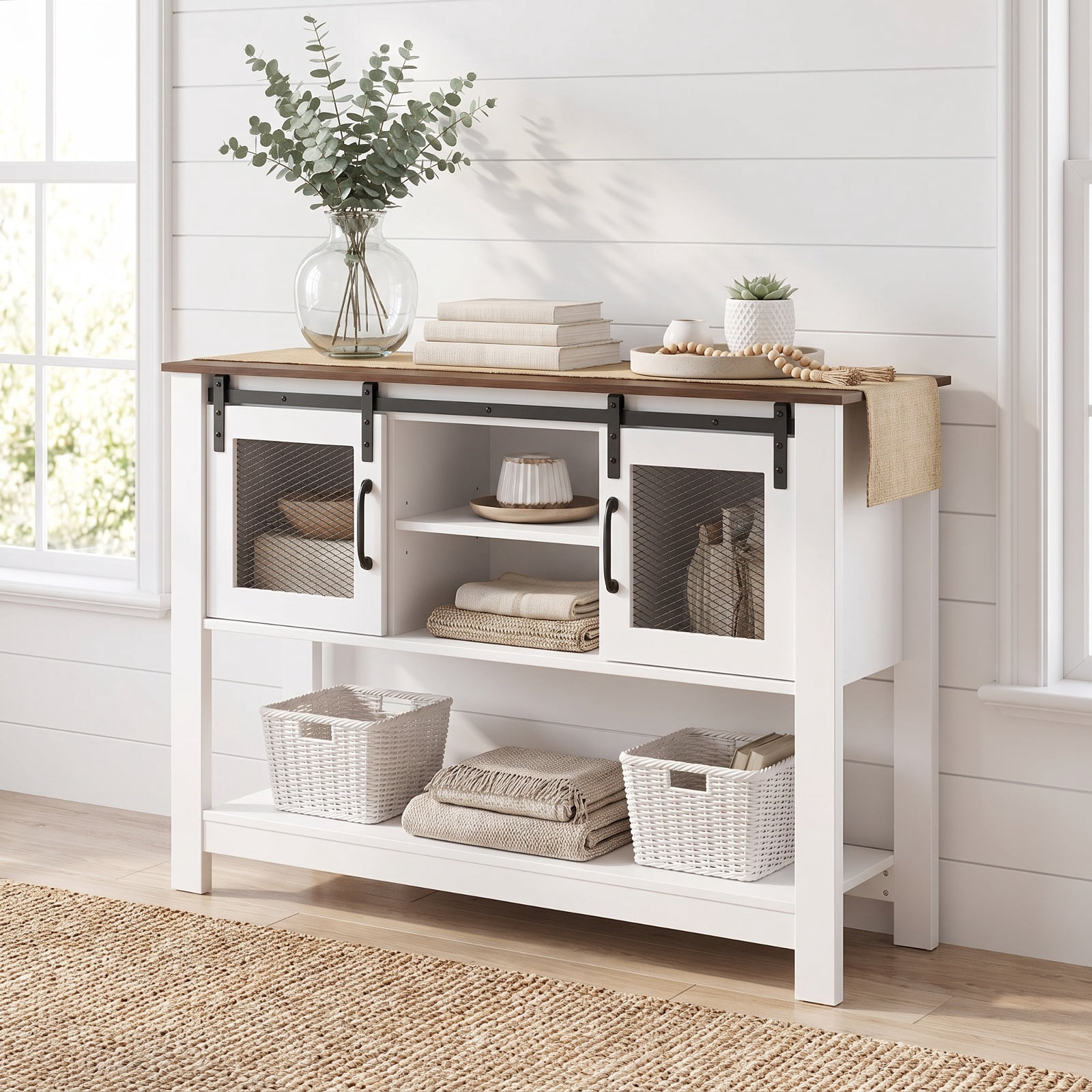 Furnibear Console Table with Sliding Barn Doors and Storage Cabinets Entryway Table for Living Room Hallway Sofa Narrow Space, Rustic Brown