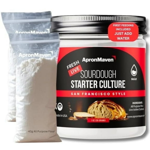 Apron Maven Premium Fresh Live Sourdough Starter Kit San Francisco Style with Pre-Measured (80g) Flour - Just Add Water (Simple Instructions Included)
