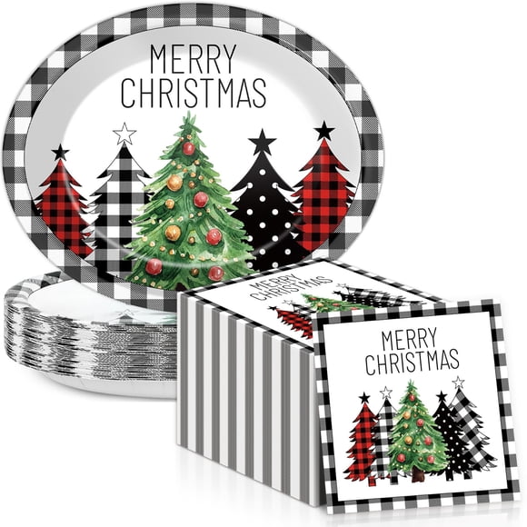 Platos ovalados de papel navideños 28 cm con diseño de cuadros escoceses negros y rojos, 50 unidades