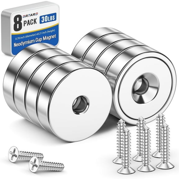 Grtard 8 Pack Neodymium Cup Magnets, 30LBS Holding Force Strong Rare Earth Magnets with Heavy Duty Countersunk Hole and Stainless Screws for Refrigerator,Office and Garage