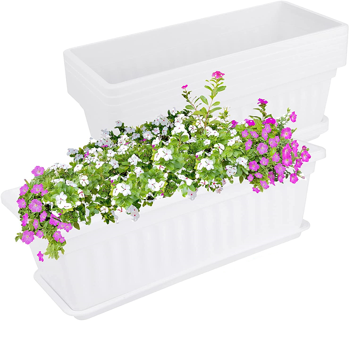 Triani 17 inch Rectangular Plastic Thicken Planters with Trays - Window Planter Box for Outdoor and Indoor Herbs, Vegetables, Flowers and Succulent Plants (1 Pack White) - image 2 of 8