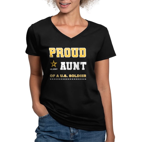 CafePress - Proud Aunt Of A Solider White And Gold T Shirt - Women's V-Neck Dark T-Shirt