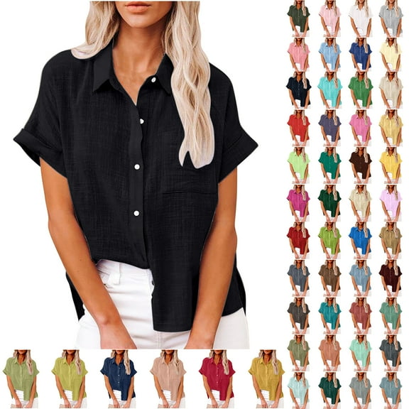 Otntypg Plus Size Linen Shirts for Women Lightweight Casual Summer Short Sleeve Button Down Beach Hawaiian Vacation Tees Shirt Tops Trendy Oversized Cotton Collared Tshirt with Pockets A-Pink#01 XXXL