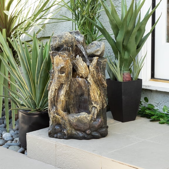 Alpine Corporation Rain Forest Waterfall Tree Trunk Fountain with LED Lights, 22 Inch Tall