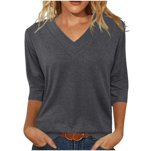Amzcrzy Hauts pour Femmes Mode Manches 3/4 Hauts d'Été pour Femmes Couleur Unie Col Rond Hauts de Sortie Décontractés Confortables Hauts de Printemps T-Shirts