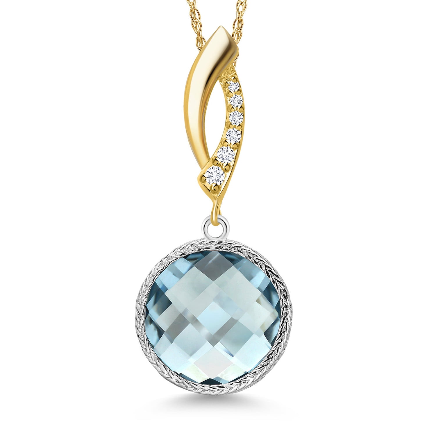 Gem Stone King 925 Silver and 10K Yellow Gold Sky Blue Simulated Aquamarine and Lab Grown Diamond Pendant Necklace for Women | 6.73 Cttw | Gemstone March Birthstone | Round 12MM | With 18 inch Chain