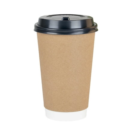 

25PCS Disposable Double Layer Coffee Cups Insulation Takeaway Milk Tea Kraft Paper Cup with Lid for Cafe Dessert Shop (16oz)