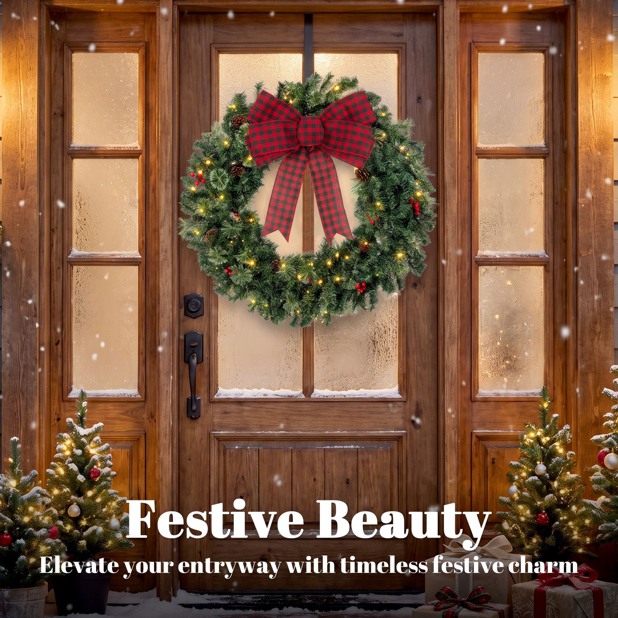 Pre-Lit Artificial Christmas Wreath, 36-Inch Crestwood Spruce with 100 Warm White LED Lights, 8 Modes, Red Berries, Pinecones, Buffalo Plaid Bow, Indoor and Covered Outdoor Use