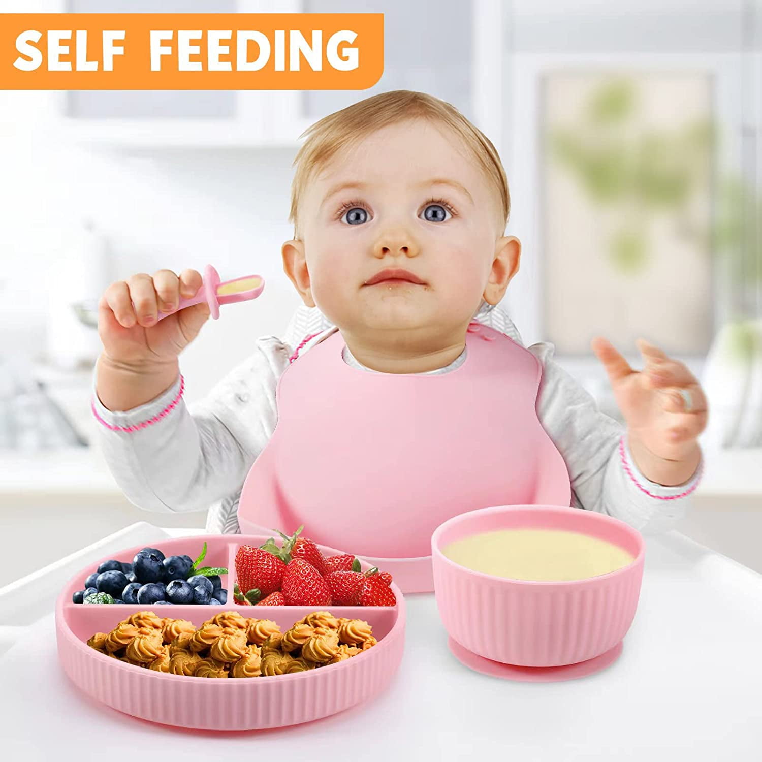 HippoBaby Silicone Baby Feeding Set | 10 Piece Baby LED Weaning Supplies | Toddler Plates Bowls Set with Suction | Self Feeding Spoons | Plates for