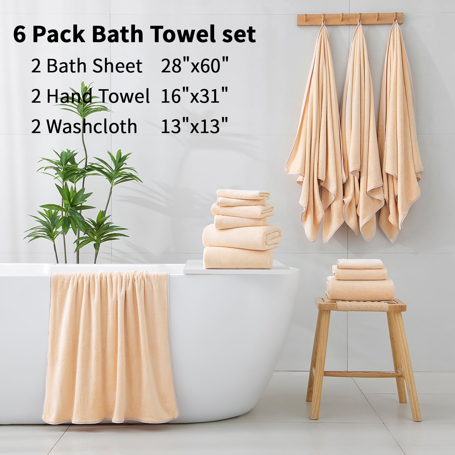 Beartech 6 Pack Bath Towel Set,Microfiber Towel Set,2 Bath Sheet,2 Hand Towel,2 Washcloth,Ultra Soft & Quickly Dry Bathroom Towel Set,Plush Highly Absorbent Shower Towel For Hotel Spa-Apricot