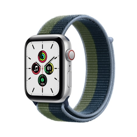 Apple Watch SE (1st Gen) GPS + Cellular, 44mm Silver Aluminum Case with Abyss Blue/Moss Green Sport Loop