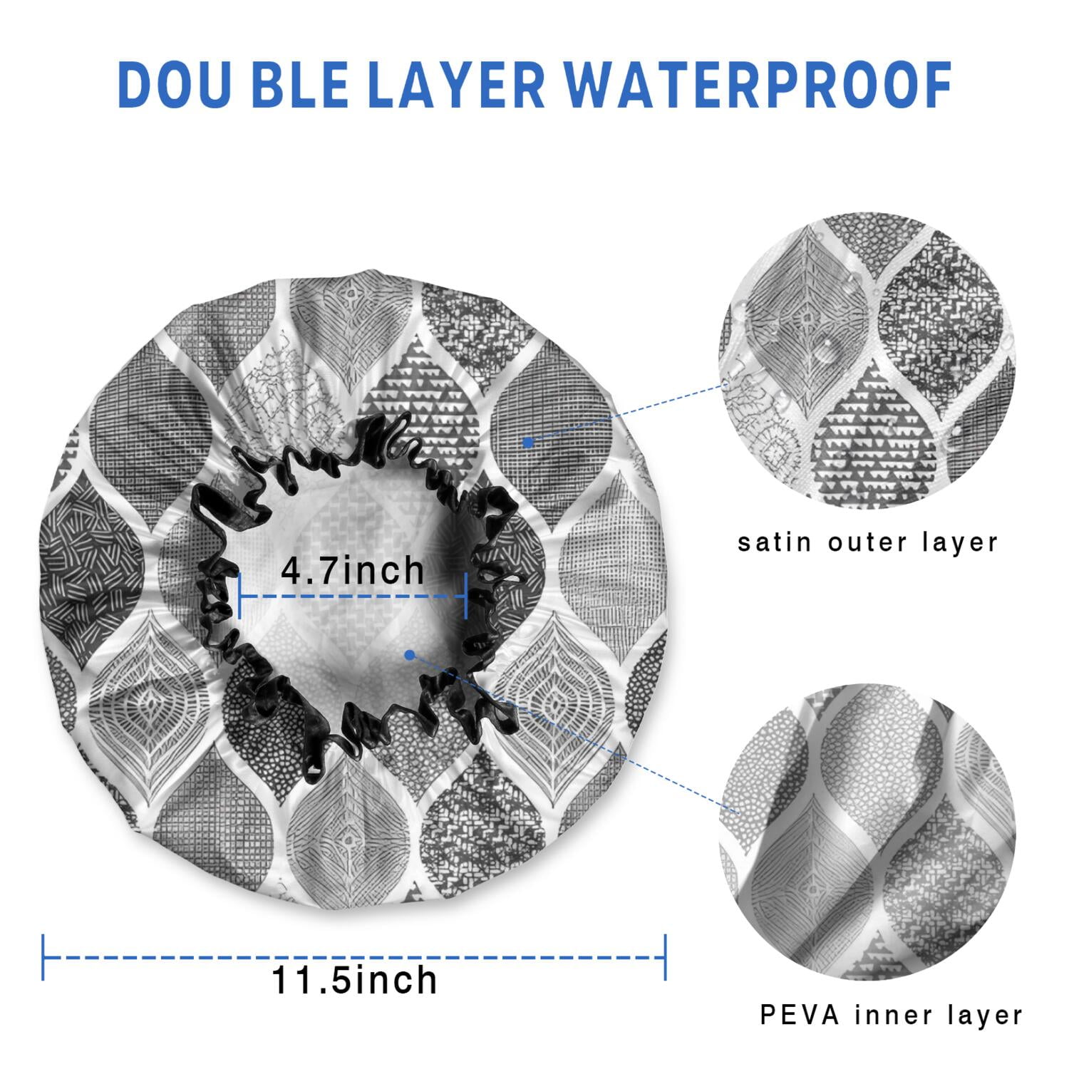 Shower Caps,Black and White Geometric Quatrefoil Pattern Waterproof Shower Cap for Women 4 Pieces,Double Reusable Hair Cover for Shower PEVA Elastic Stretch Hem