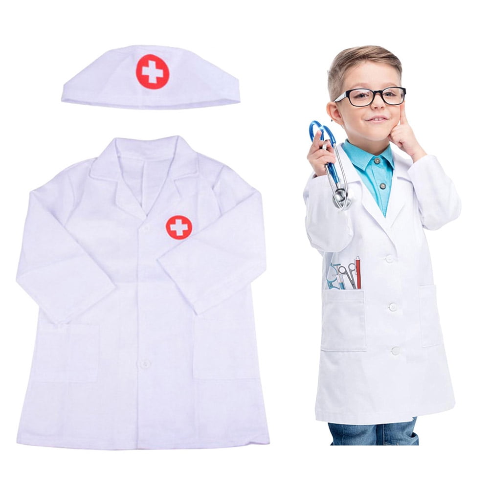 Kids Doctor Cosplay Costume Dress-Up Cosplay Costume Outfit Long Sleeves Coat with Doctor Role Play Set (White)