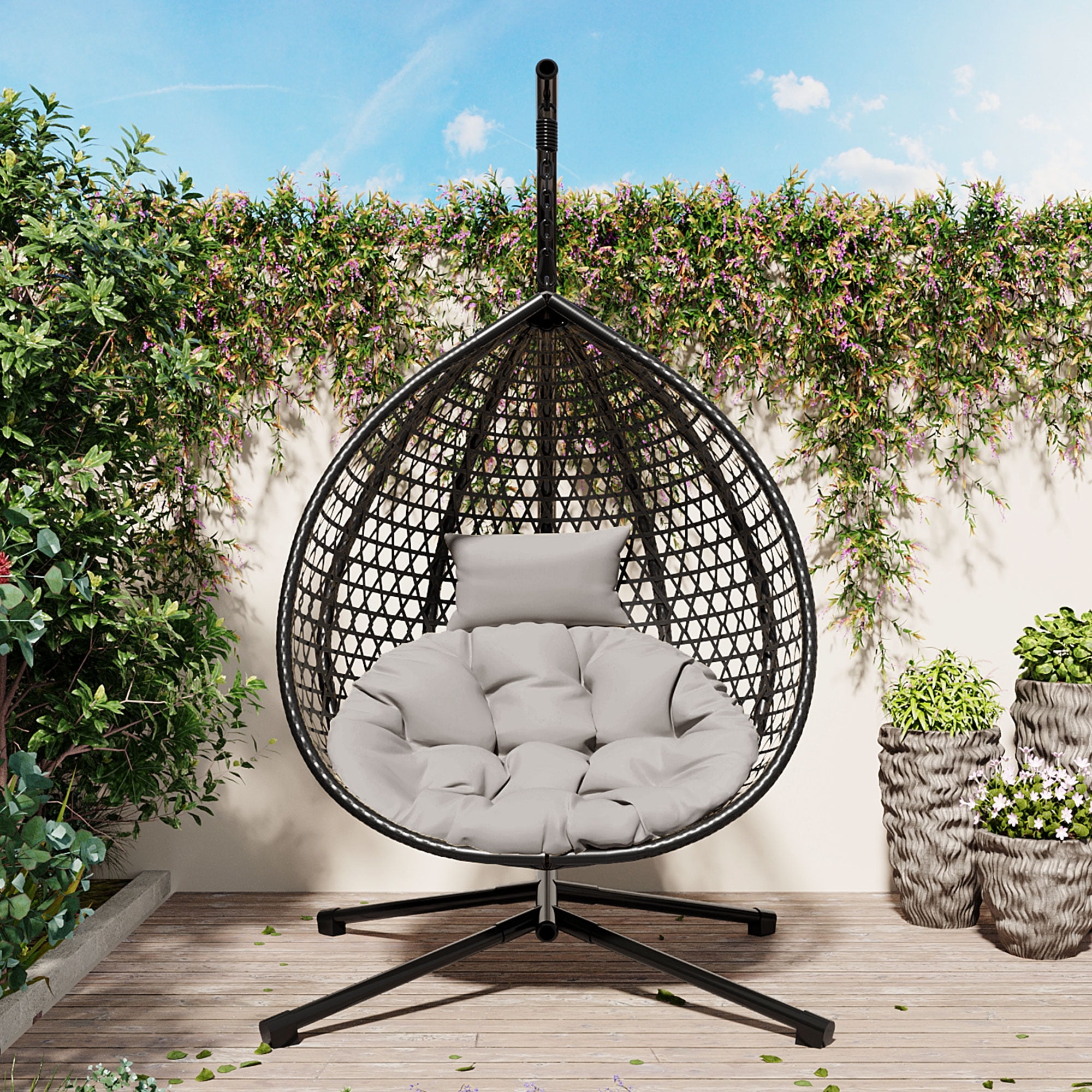 Woven Hanging Egg Chair With Stand, Sturdy Outdoor Swing Chair for Balcony Bedroom, Dark Brown