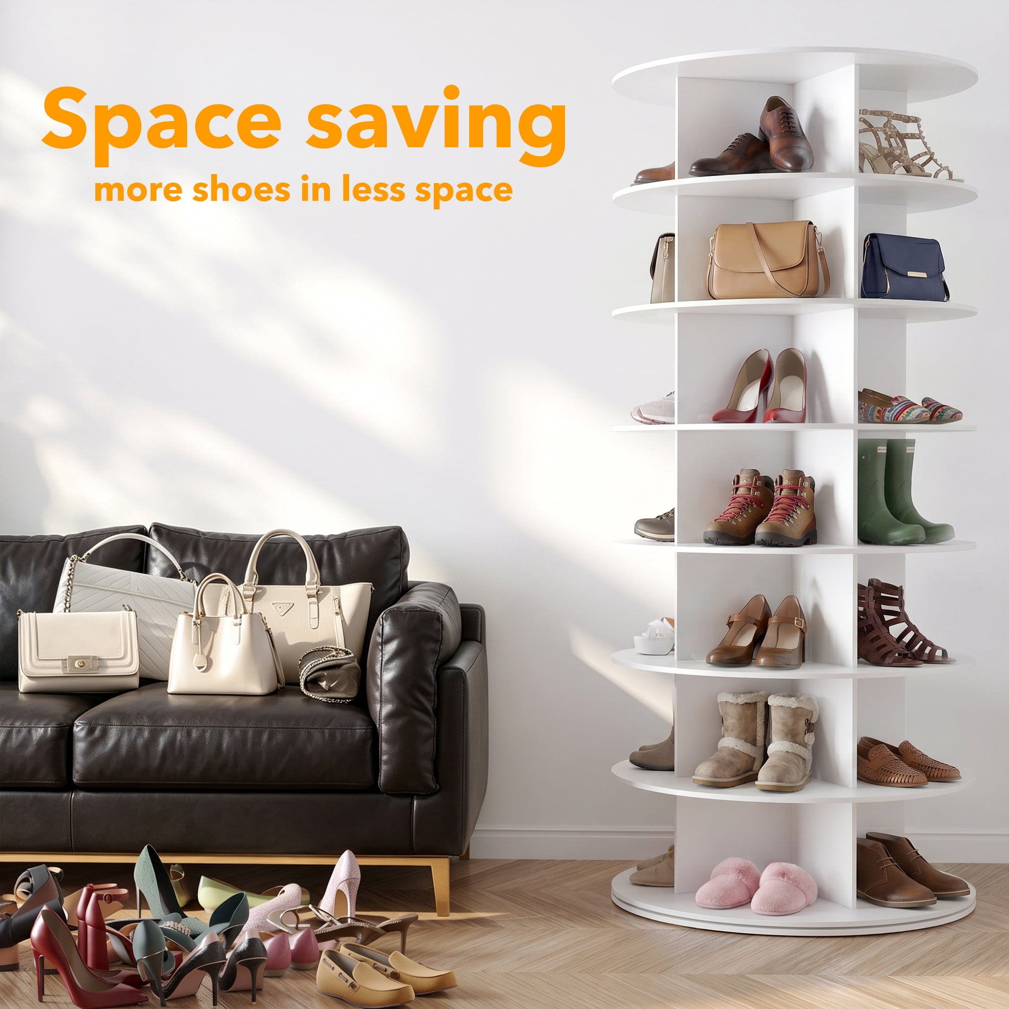 Tacwily 7-Tier Rotating Shoe Rack, 360° Spinning Shoe Organizer for Closet, Holds 28-35 Pairs, White, 63" High