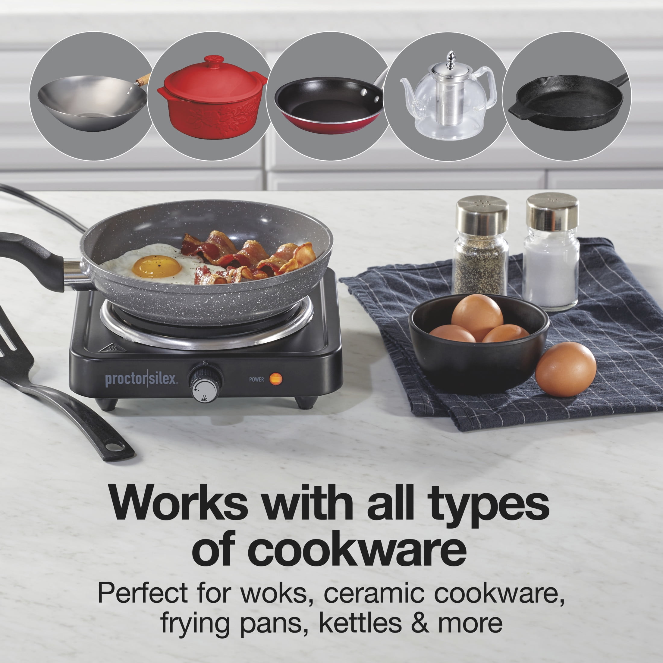 Proctor Silex Countertop Single Electric Burner with Adjustable Temperature, Portable, Black