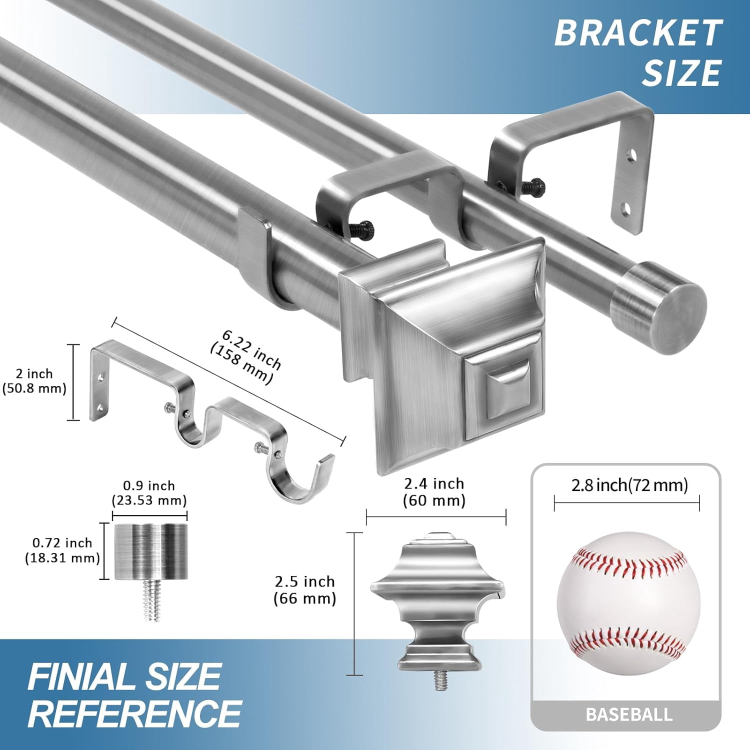 Urbanest Adjustable Double Curtain Rod Set Pila Manhattan Finials – 1″ Front & 3/4″ Back Rod With Brushed Steel Rod, 84–120 Inches