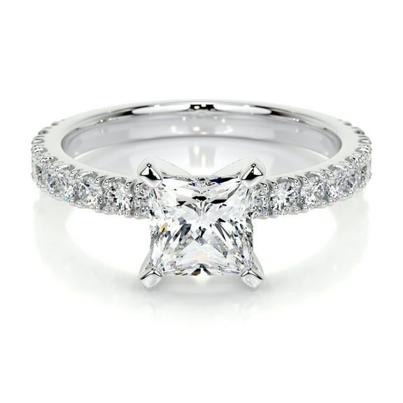 First Jewel Silver 14K White Gold Over Ring - Princess Cut Excellent 1.8 Ct Diamond Ring For Women's - Solitaire with Accent Diamond Ring for Women's - Eternity Band Diamond Ring for Women's