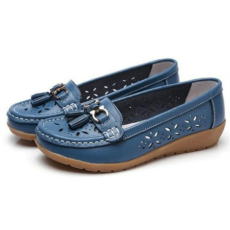 

Women s Hollow Soft Leather Breathable Sandals Rubber Sole Slip-on Flat Shoes 43 Light Blue