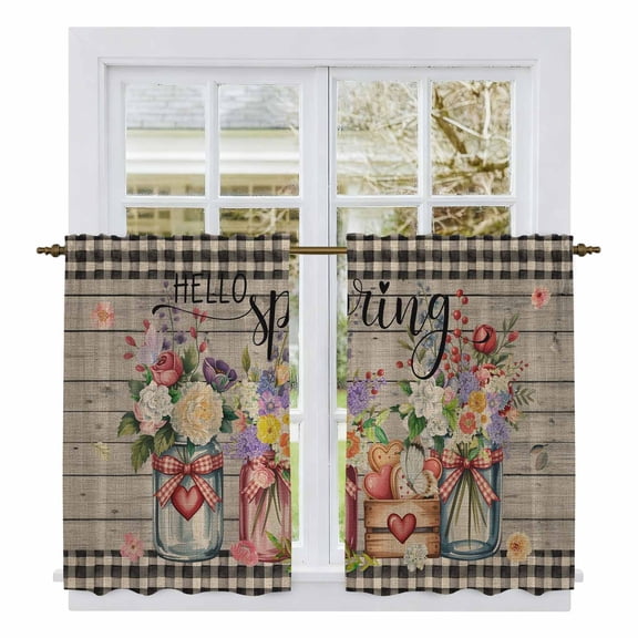 Spring Flowers Kitchen Curtains 45 Inch Length, Farmhouse Vintage Black Plaid Wood Grain Tiers Curtains for Bathroom Bedroom Cafe, Light Filtering Small Window Treatment Drapes 2 Panels 42"Wx45"L