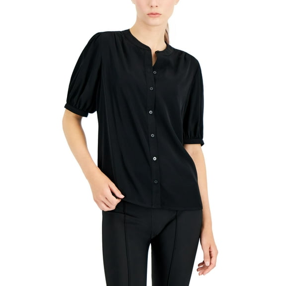 Alfani Womens Band Collar Elbow Sleeve Top Deep Black S