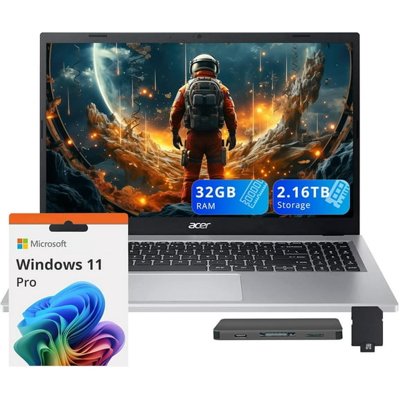 acer Aspire 3 15.6" FHD Laptop, AMD Ryzen 7 7730U, 32GB RAM, 2.16TB Storage (2TB SSD+160GB Docking Station Set), AMD Radeon Graphics, Backlit Keyboard, Wi-Fi 6, Windows 11 Pro, Silver
