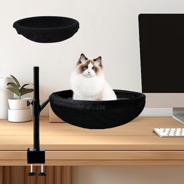 Cama para gatos de escritorio con 2 alfombrillas lavables, resistente a arañazos, transpirable, giratoria, para escritorio, nido para mascotas, para negro