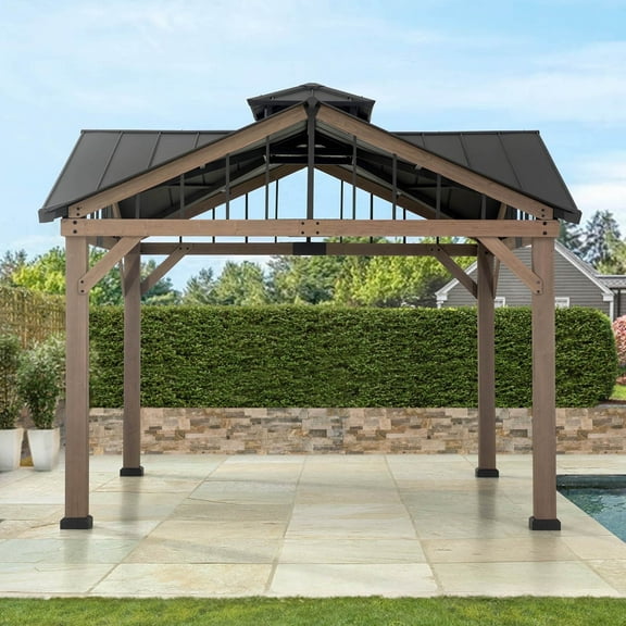 Sunjoy 12’ x 12’ Black 2-Tier Wooden Frame Outdoor Hardtop Gazebo With Ceiling Hook for Patio, Backyard, and Garden