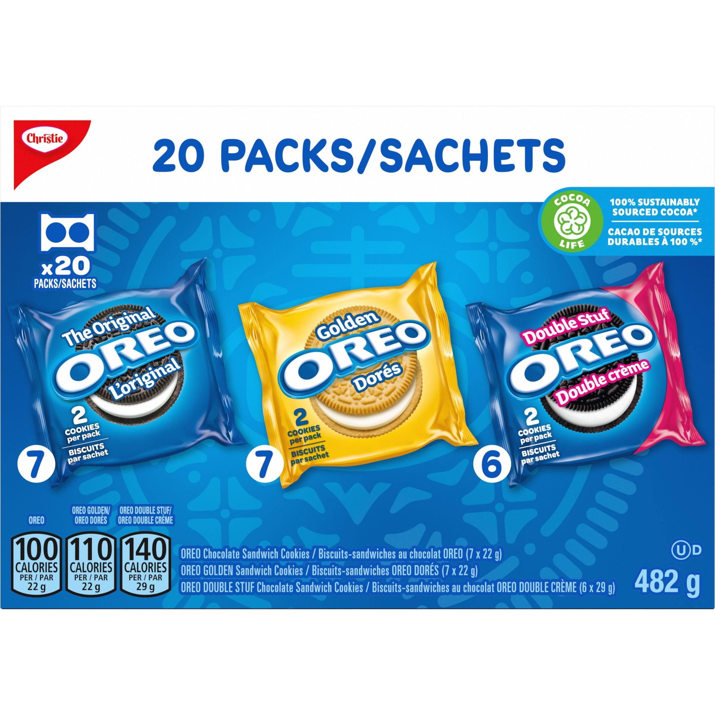 OREO, 20 Snack Packs (Individually Wrapped), 40 Cookies, School, Lunch, Birthday Party, Bulk Variety Pack of OREOs Original Chocolate & Double Stuf & Golden Vanilla Sandwich Cookies, 482 g