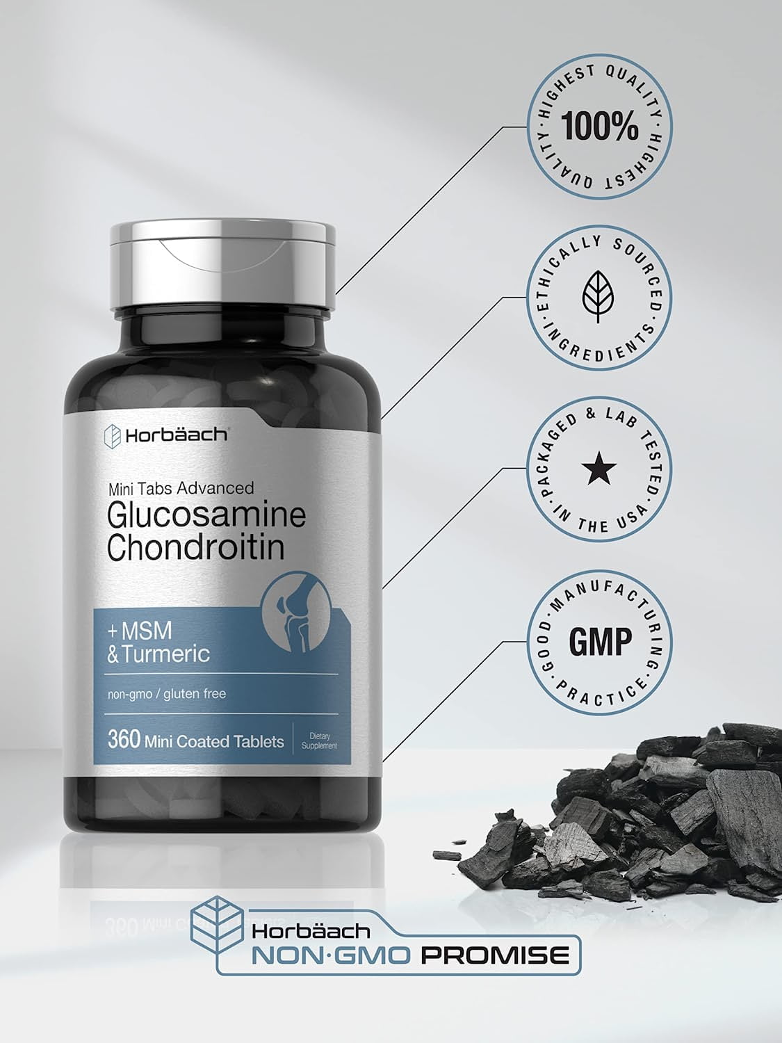 Glucosamine Chondroitin MSM Plus Turmeric | 360 Mini Coated Tablets | by Horbaach