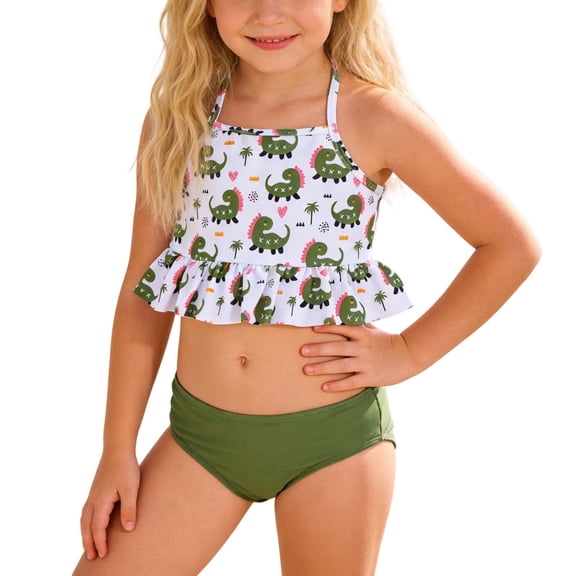 Yiyuu Girls Tankini Set Cartoon Dinosaur Print Ruffle Swimsuit Cute Bathing Suit Swimwear