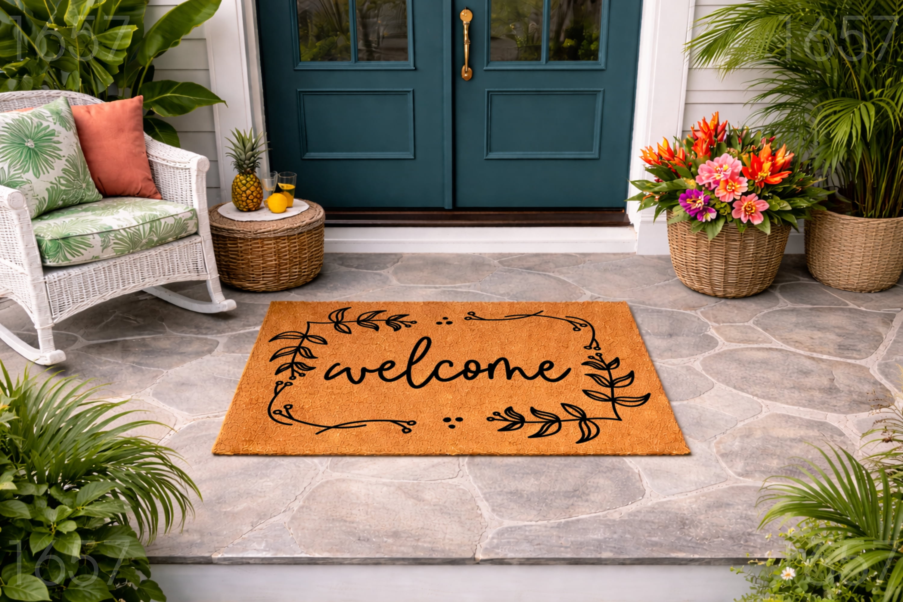 Welcome Botanical Border Doormat, Leaf Frame Front Door Mat, Indoor Outdoor Entryway Rug (24x36 inches) 1657