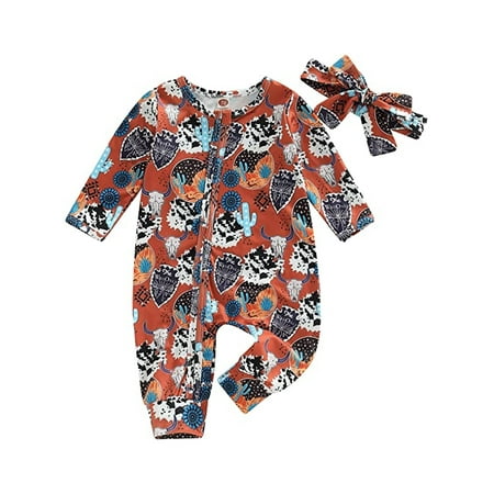 

Jkerther Baby Girl Romper Cow Print Long Sleeve Zipper Bodysuit +Headband Fall Winter Outfits