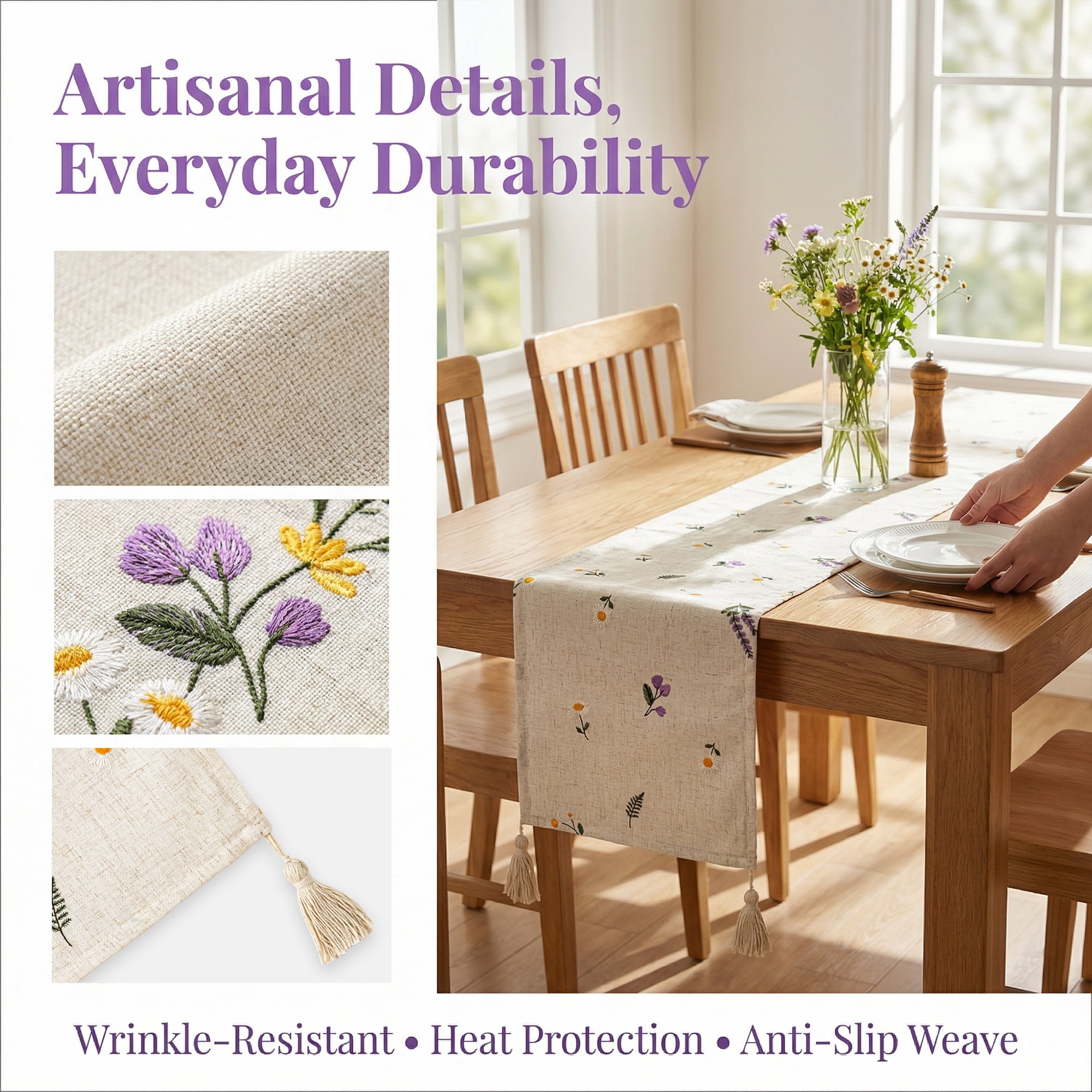 Unique Bargains Table Runner for Kitchen Decor with Tassel Lavender 11.8x86.6in