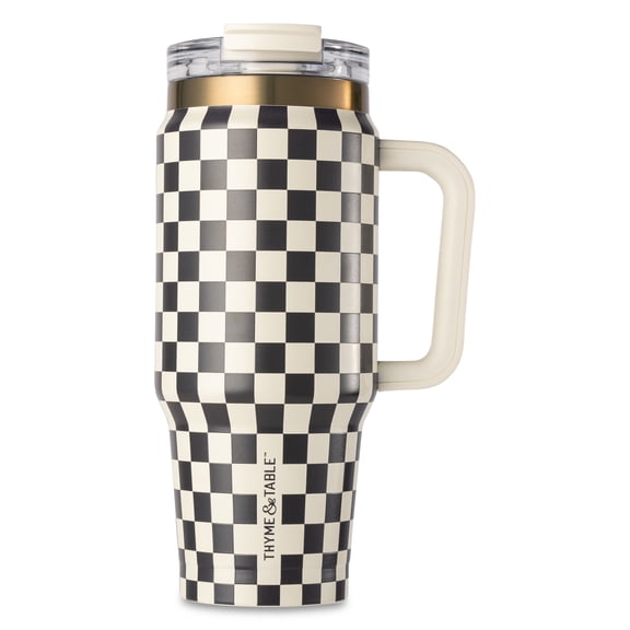 Thyme & Table 32 fl oz Stainless Steel Luna Tumbler with Handle and Dual Straw Lid, Cream & Black Check