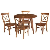 42" Round Solid Wood Dual Drop Leaf Table with 4 Chairs in Distressed Oak