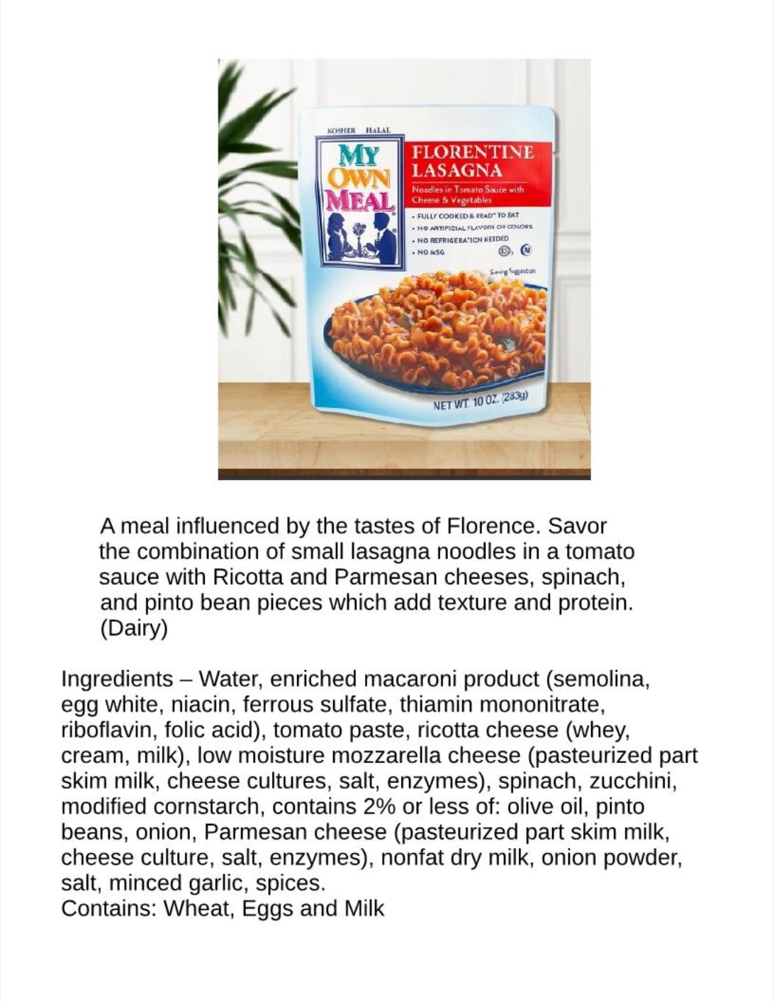 My Own Meals, Florentine Lasagna, Kosher, Shelf Stable, 10 OZ, Pack of 6