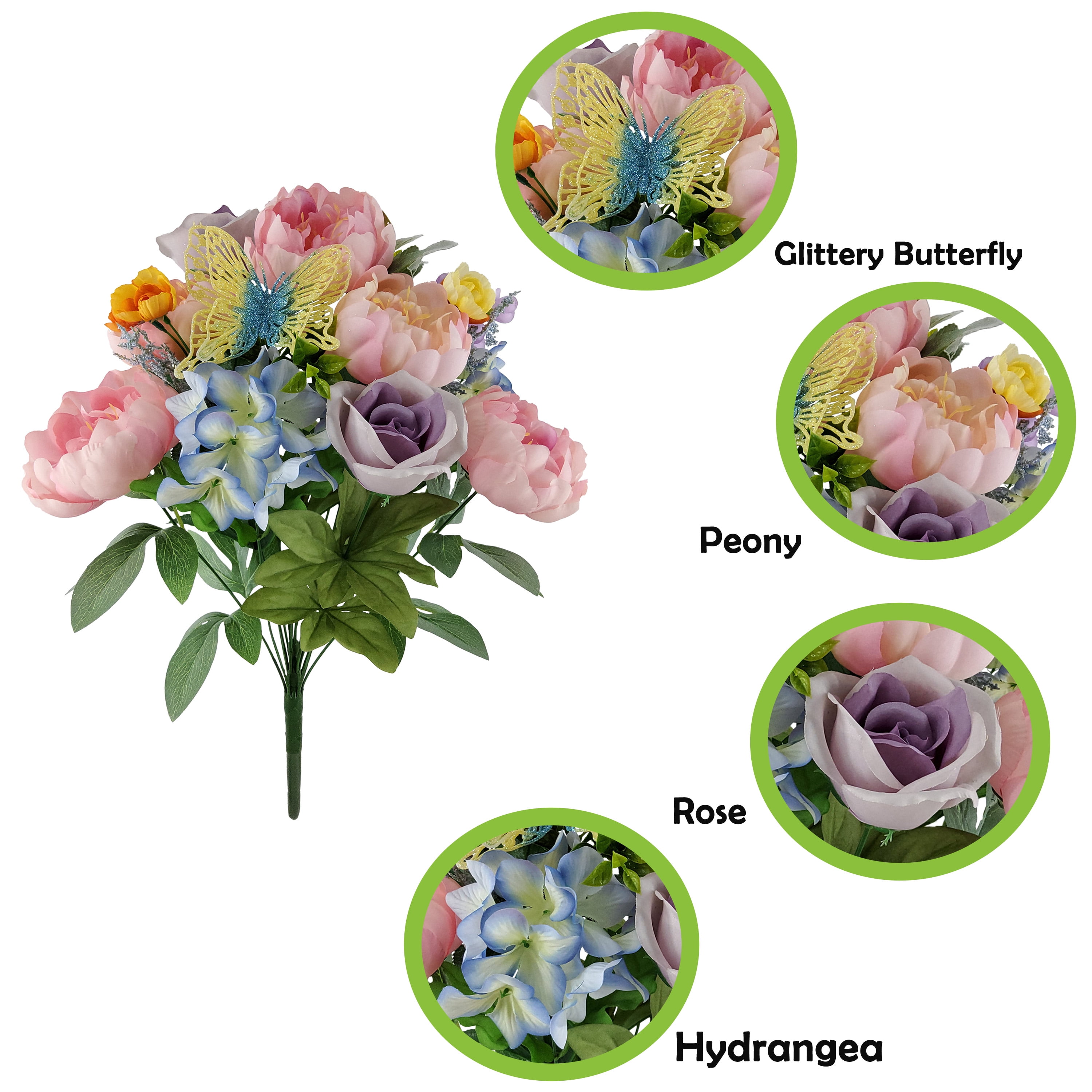 Mainstays 21in Indoor and Outdoor Artificial Mixed Butterfly Bouquet, Pink Peony & Purple Rose.
