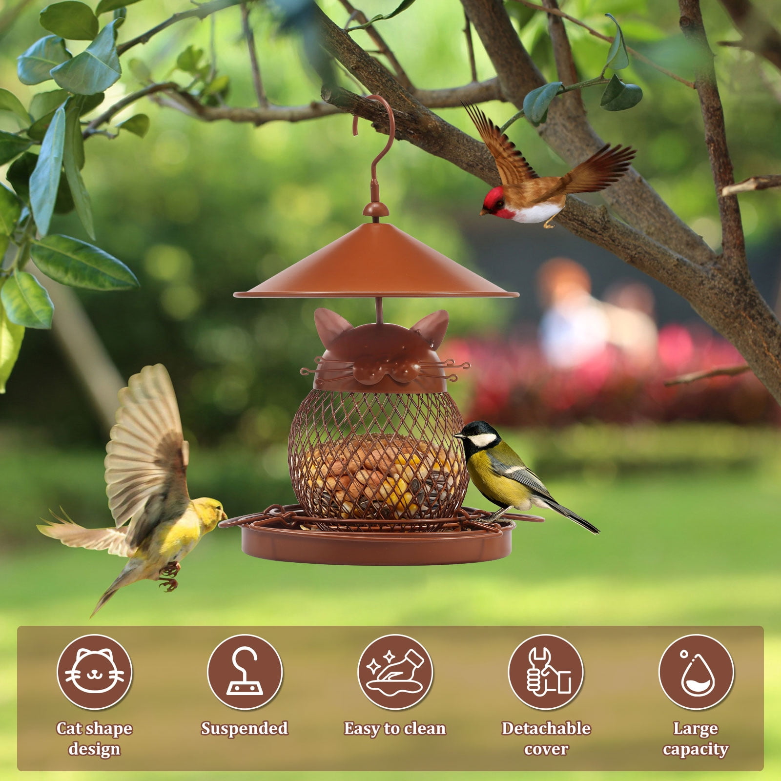 Austok Bird Feeder for Outdoor Squirrel Proof Metal Wild Bird Feeder Decoration for Hanging Outside Garden Yard Cute Cat Shaped