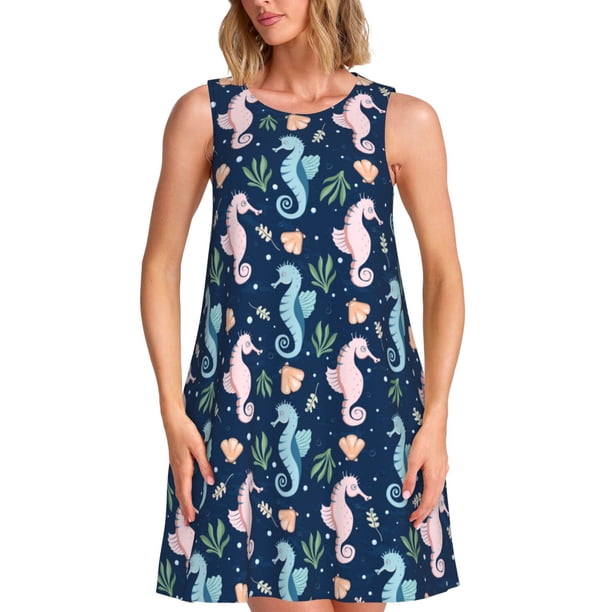 Fotbe Seahorses And Plants Vestido de Verano sin Mangas para Mujer – Vestido Midi Línea A, Estilo Camiseta Floral, Vestido Playero Casual y Fluido