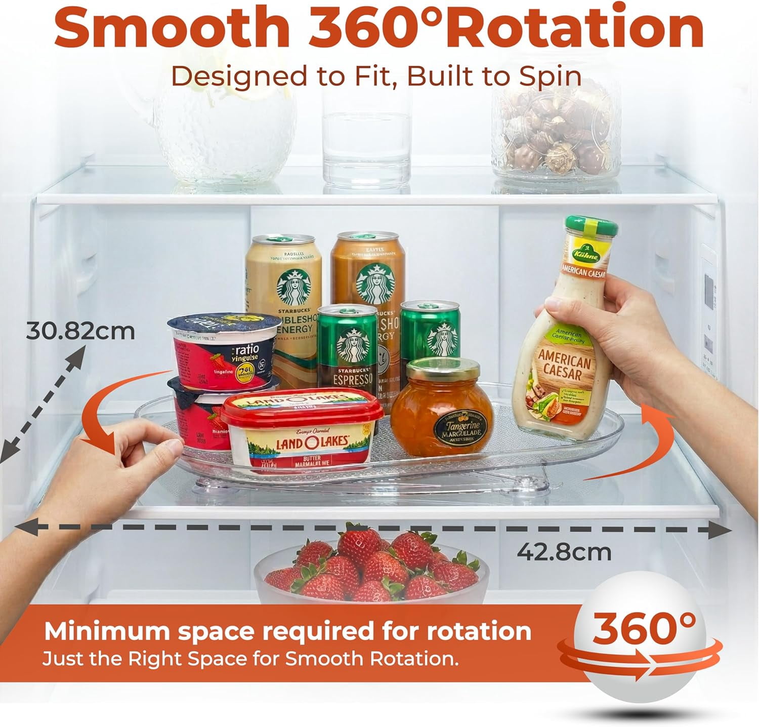 Refrigerator Lazy Susan (2PK) - Clear Rectangular Fridge Organizer - Turntable Tray Lazy Susan for Refrigerator - Cabinet & Pantry Organizer - Smooth 360° Rotating Swivel Spinning Fridge Shelf