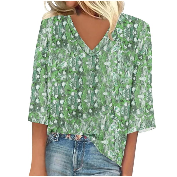 Blusa de Manga Corta Mujeres Cuello en V de Verano Impreso, Top Regular Casual Sexy para el Hogar Y el Uso Diario