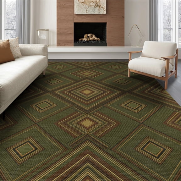 ODIKA 8'x10' Washable Area Rug Mid Symmetrical Century Retro Border Motif Vintage Tone Chartreuse for Living Room, Under Sectional, Family , Durable, Non-Slip