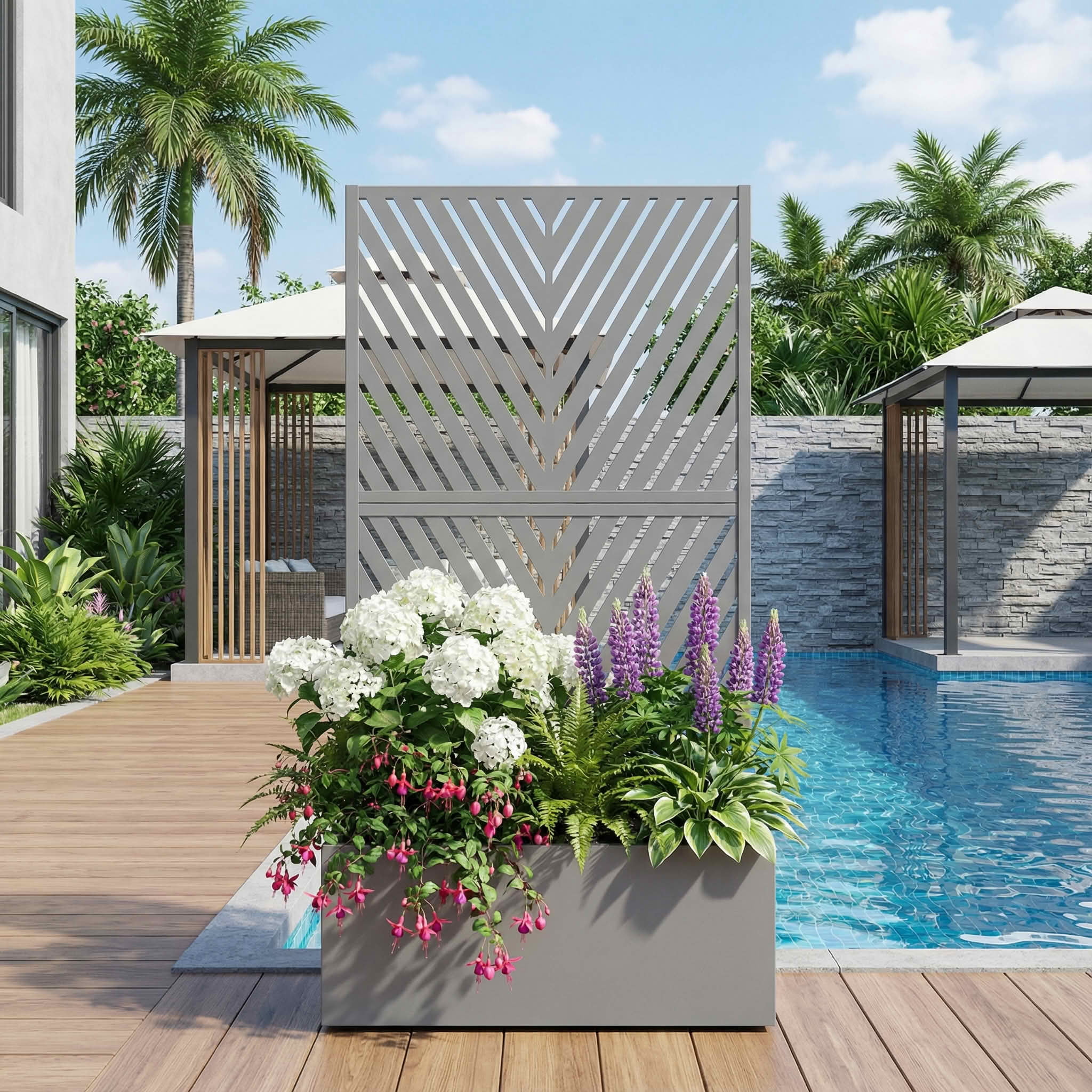 MAYEERTY 59X30" Metal Outdoor Gray Privacy Screen with Planter Box for Backyard & Garden, 2 Piece Set