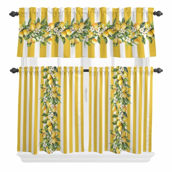 3 Piece Kitchen Curtains and Valances Set Yellow Lemon Stripes Cafe Curtains 24 Inch Length Summer Spring Fruit Flowers Leaves Valance & Tier Curtain for Living Room Bedroom Window 54"x18" 27"x24"*2