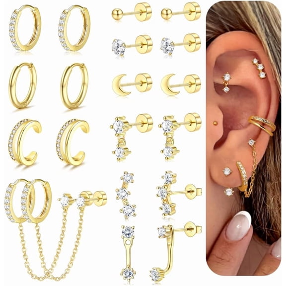 14K Gold Plated Earrings for Women Hypoallergenic 20G Surgical Stainless Steel Flat Back Stud Earrings Dainty Stackable Earring Stacks Small Cartilage Earring Sets for Multiple Piercing
