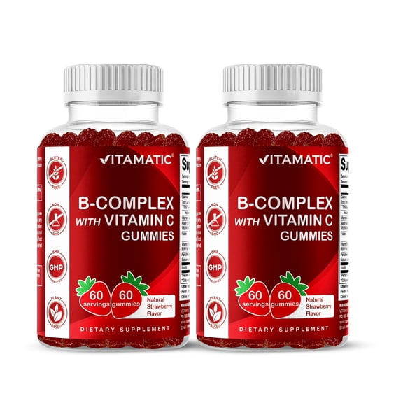 Vitamatic Vitamin B Complex Gummies with Vitamin C & Inositol – Natural Strawberry Flavor – 60 Gummies per Bottle (Pack of 2) – Energy, Stress & Immune Support